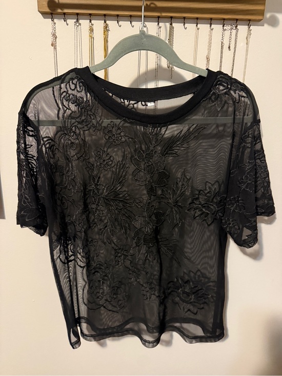 Tops - Black Sheer Floral Embroidered Short Sleeve Top